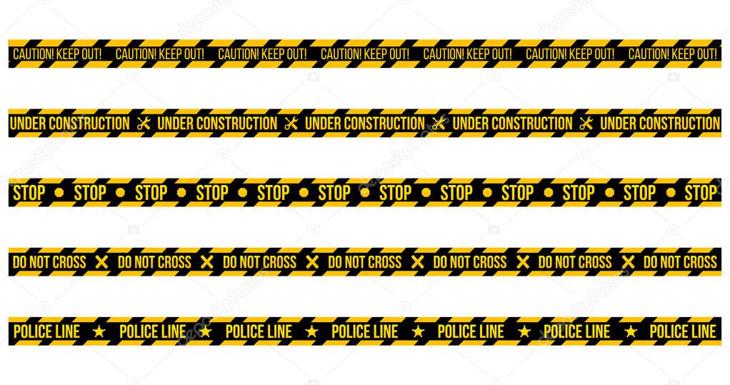 vector set of caution tapes on whit e background. Illustration consists of Caution keep out , Do not cross , Police Line Under Construction tape with text and different tapes without signs. Fully edit