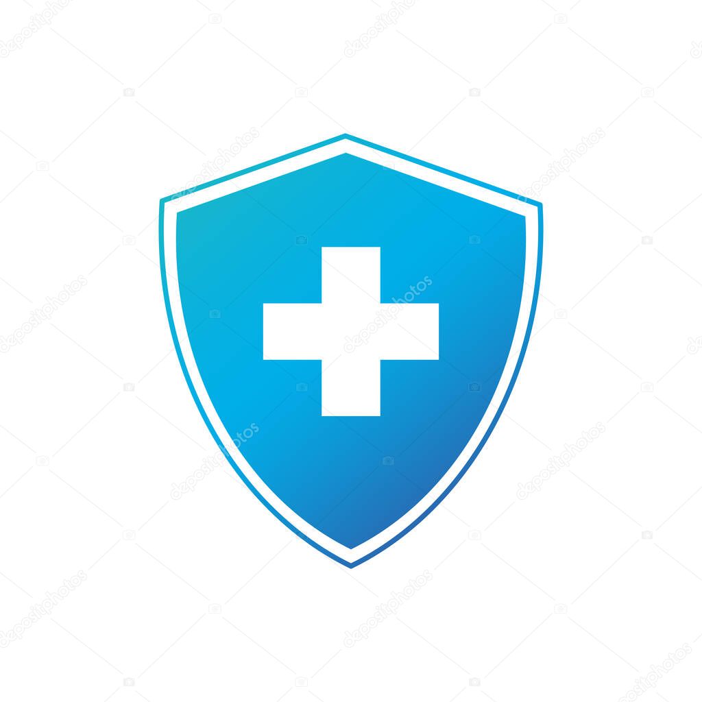 Shield with white cross security or protection sign symbol. Vector illustration isolated on white