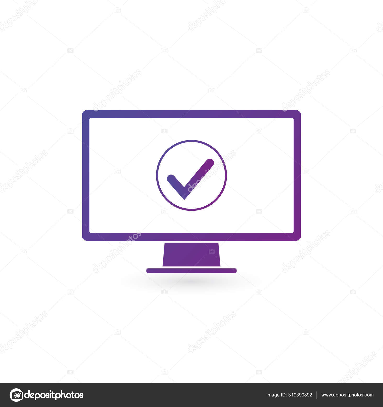 Bilgisayar monitörü ve kontrol işareti mor renkte daire şeklinde