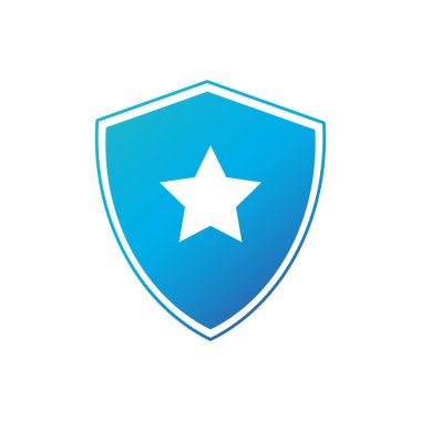 Yıldız ikonlu güvenlik kalkanı, süper kahraman logo şablonu. İçinde yıldız olan kalkan. Vektör illüstrasyonu beyaz arkaplanda izole edildi.