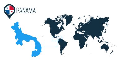 Panama haritası bir dünya haritasında bayrak ve harita işaretleyicisi veya pimi ile yer almaktadır. Bilgi haritası. Vektör illüstrasyonu beyaz arkaplanda izole edildi.