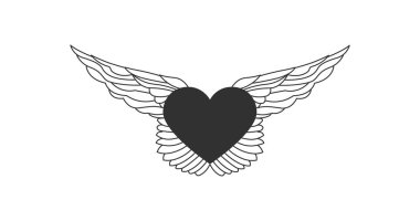 Düzenlenebilir stroke.nlove kavramı ile kanat hattı illüstrasyon ile uçan kalp. Dövme Lineer heraldic element. Beyaz arka planda yalıtılmış vektör çizimi.