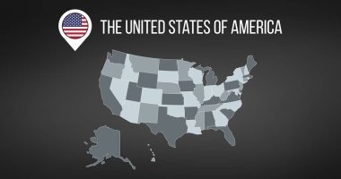 Genel bilgi ve bayrak harita pin ile Bize Harita. Infographics tasarım. Bilgi grafiği şablonu. siyah arka planda yalıtılmış vektör çizimi.