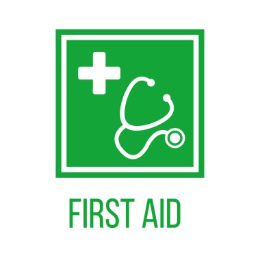 Stetoskop ve yeşil meydanda bir haç silueti. İlk yardım tıbbi işareti, uygulamalar için düz vektör simgesi, web sitesi, etiketler, işaretler, çıkartmalar. Beyaz arka planda yalıtılmış vektör çizimi