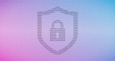 Internet teknoloji siber güvenlik veri konsepti ikili rakamlar ve kalkan kilit renkli arka plan ile.