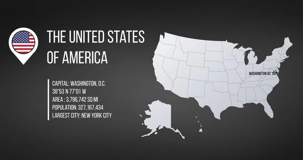 Mapa USA s obecnými informacemi a vlajkou v čepu mapy. Návrh infografiky. Šablona informačního obrázku. Vektorová ilustrace izolovaná na černém pozadí. — Stockový vektor