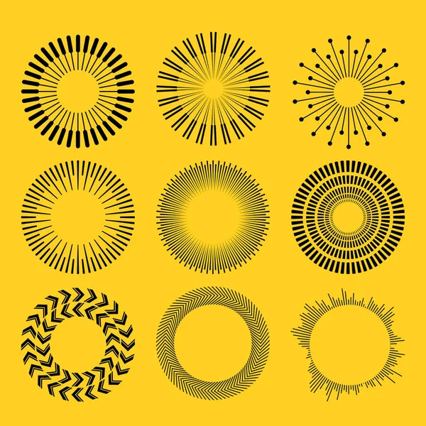 Διάνυσμα σύνολο κύκλο γεωμετρικές διακοσμήσεις. . Διακοσμητικά στρογγυλά ντεκόρ. Σετ ήλιος. Εικονογράφηση διάνυσμα που απομονώνονται σε κίτρινο φόντο. — Διανυσματικό Αρχείο