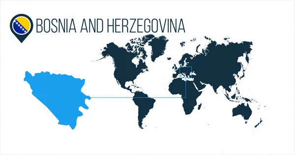Bosnia y Herzehovina ubicación en el mapa mundial de infografías. Bosnia y Herzehovina bandera redonda en el mapa pin o marcador. ilustración vectorial sobre fondo despojado . — Archivo Imágenes Vectoriales