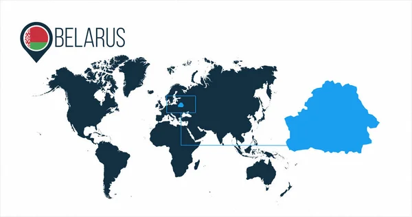 Bielorrusia ubicación en el mapa mundial de infografías. Todos los países del mundo sin nombres. Bielorrusia bandera redonda en el mapa pin o marcador. ilustración vectorial sobre fondo despojado . — Archivo Imágenes Vectoriales