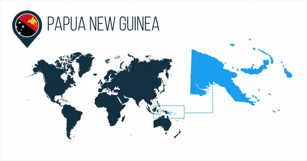 Papúa Nueva Guinea mapa situado en un mapa del mundo con la bandera y el mapa de puntero o pin. Mapa infográfico. Ilustración vectorial aislada sobre fondo blanco . — Archivo Imágenes Vectoriales