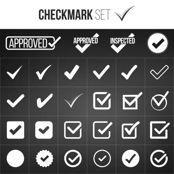 Conjunto de coleção de marca de seleção ou marca. Aceitação, aprovação, escolha correta, seleção correta, opção verdadeira, resposta positiva, dizendo sim,, conceito de confirmação. Ilustração vetorial isolada em preto ba — Vetor de Stock