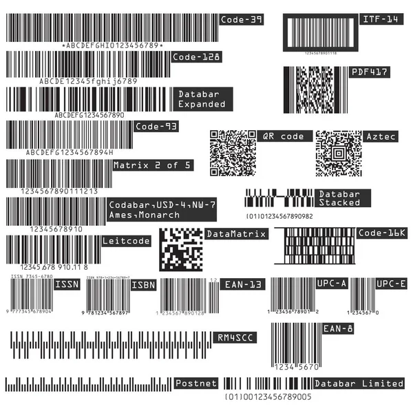 Business Universeel product Qr code en barcode types geïsoleerd op witte achtergrond. Vectorillustratie. — Stockvector