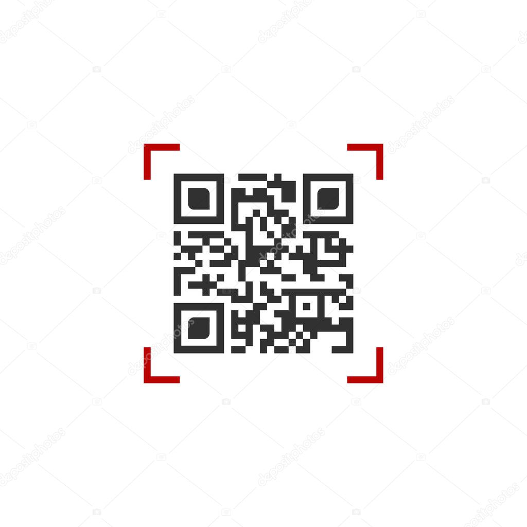 Vector illustration of QR code in red scanning frame. vector illustration isolated on white background.
