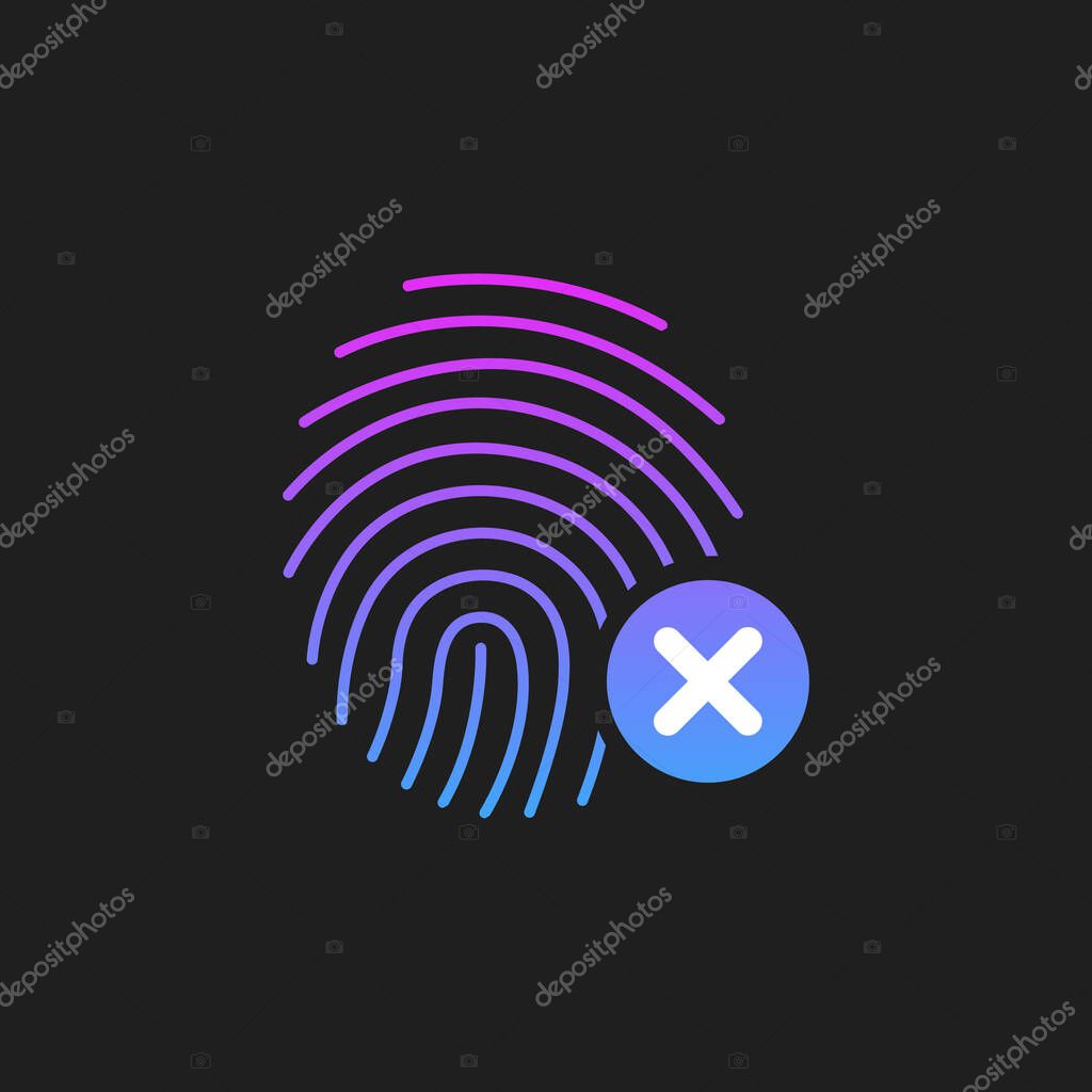Fingerprint icon with cross sign. concept of unlocking the phone with forefinger or incorrect choice and login. Vector illustration isolated on black .