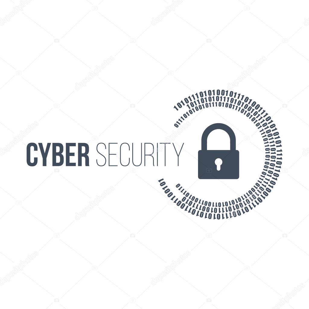 abstract technology concept cyber security with lock and digital binary circles around it. Vector illustration isolated on white background.