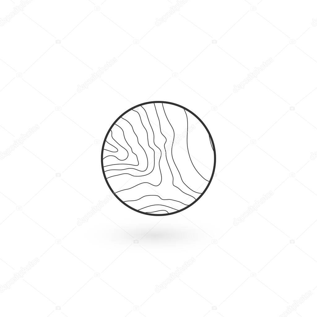 Wavy lines linear round icon of water, tree rings round Geometric identity Logo Design icon with shadow. Wood product concept Logo. Stock Vector illustration isolated on white background