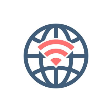 Global kablosuz internet bağlantısı simgesi. Mobil konsept ve web tasarımı için imza. Dünya Wi-Fi ağ sinyali vektör simgesi. Sembol, logo çizimi. Vektör grafikleri