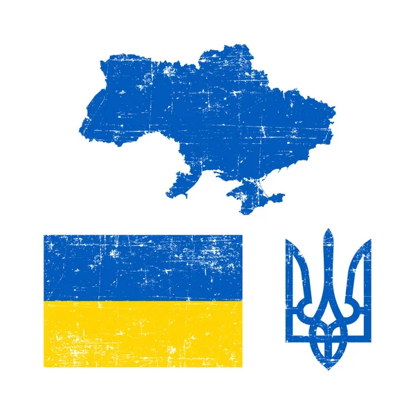 Ukrajina Modrá Mapa Vlajka Anf Tryzub Trident Národní Symboly Ukrajiny — Stockový vektor