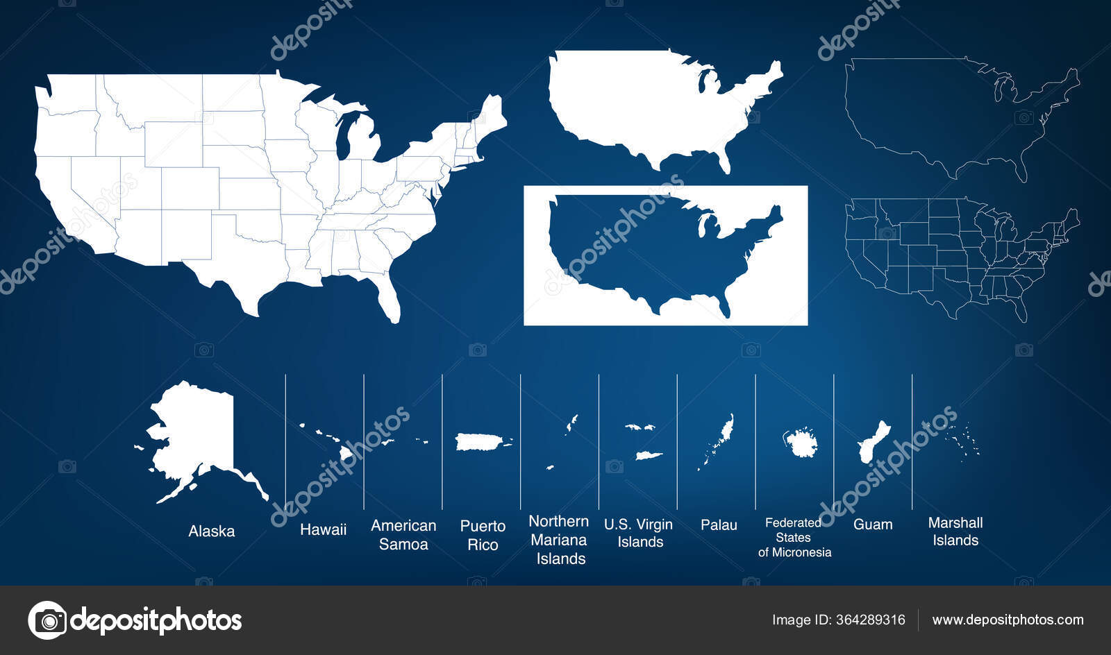 Mapa dos Estados Unidos da América EUA com territórios e ilhas. Diferentes  variações de mapas para o seu design. Stock Ilustração vetorial isolada  sobre fundo branco . imagem vetorial de kyryloff© 364289316