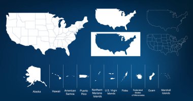 Amerika Birleşik Devletleri haritası. Toprakları ve adaları olan. Tasarımın için farklı harita varyasyonları. Hisse Vektörü illüstrasyonu beyaz arkaplanda izole edildi.