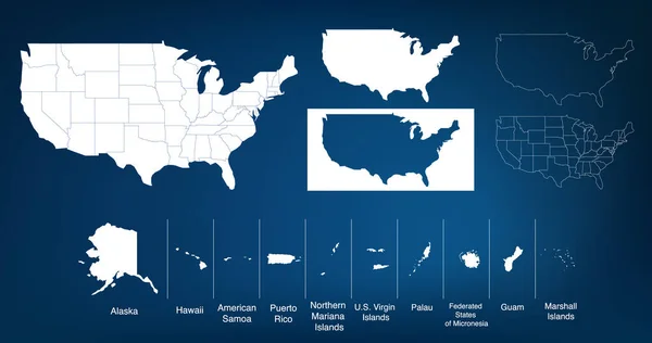 Mapa Spojených států amerických s teritorii a ostrovy. Různé varianty map pro váš design. Stock vektorové ilustrace izolované na bílém pozadí. — Stockový vektor