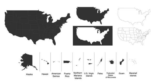 Mapa Spojených států amerických s teritorii a ostrovy. Různé varianty map pro váš design. Stock vektorové ilustrace izolované na bílém pozadí — Stockový vektor