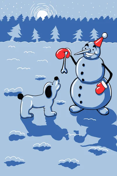 kardan adam ve köpeği karda orman. Yılbaşı gecesi, kış akşam