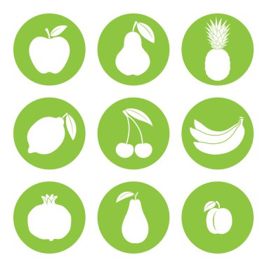 Meyve ikonları hazır. Çemberdeki meyve işaretleri beyaz arkaplanda izole edilmiş. Semboller: elma, armut, ananas, limon, kiraz, muz, nar, avokado, erik. Vektör illüstrasyonu