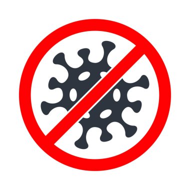 Virüs grafik simgesini durdur. Sembol yasaklanmış koronavirüs. Uyarı pankartı, Covid -19. Beyaz arka planda izole edilmiş yasaklı virüsü imzala. Vektör illüstrasyonu