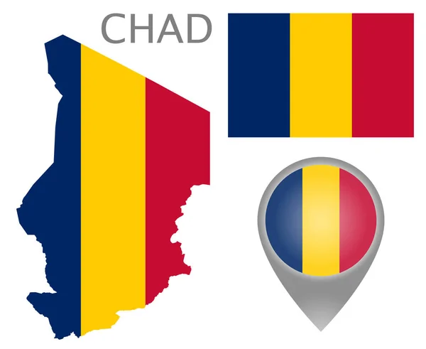 Färgglada Flagga Karta Pekare Och Karta Över Tchad Färgerna Tchads — Stock vektor