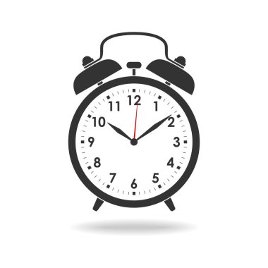 Alarm saati grafik simgesi. Alarm saati işareti beyaz arkaplanda izole edildi. Saatlerin şablonu. Vektör illüstrasyonu