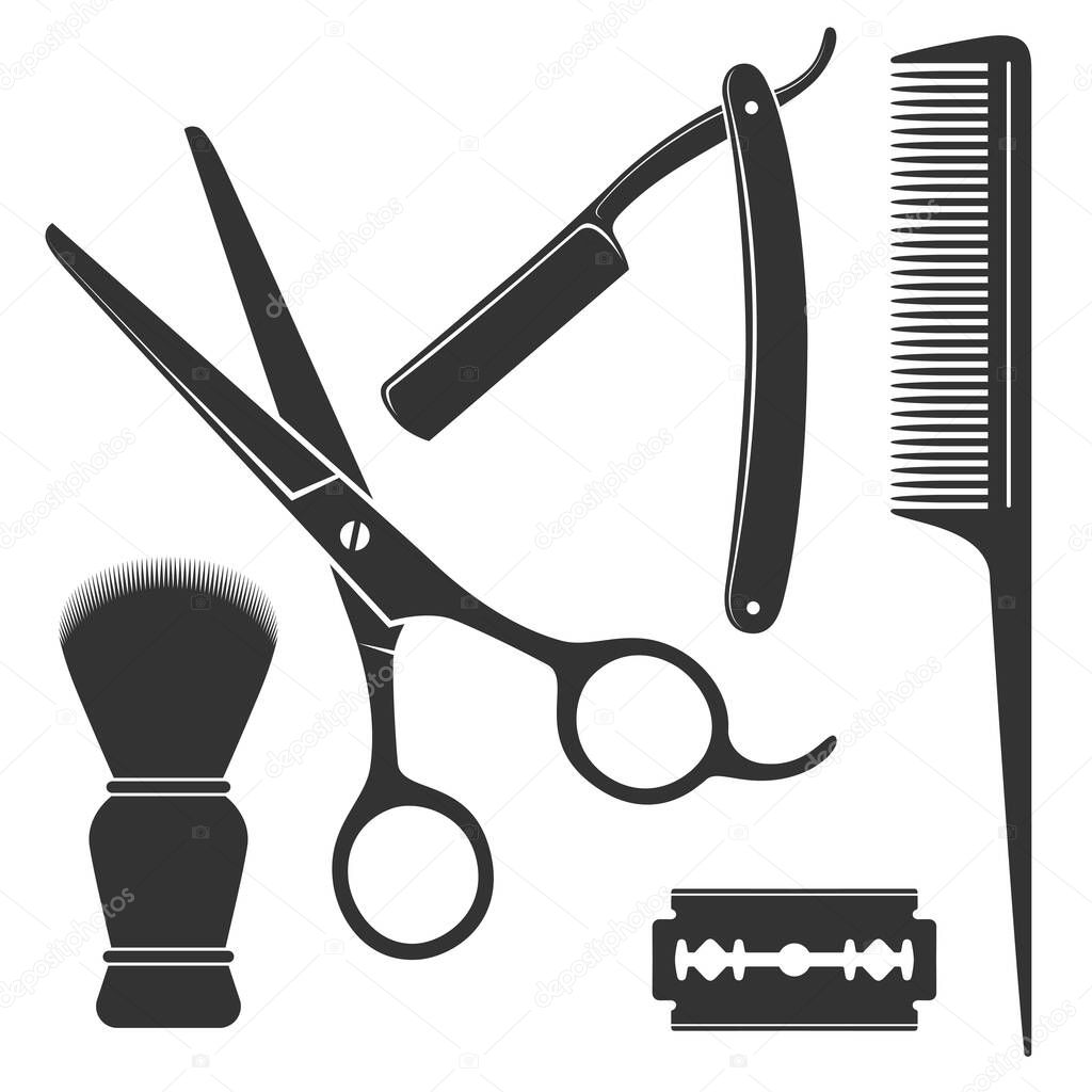 Barber tools graphic icon set. Scissors, straight razor, comb, shaving brush, blade signs isolated on white background. Barbershop symbols. Vector illustration