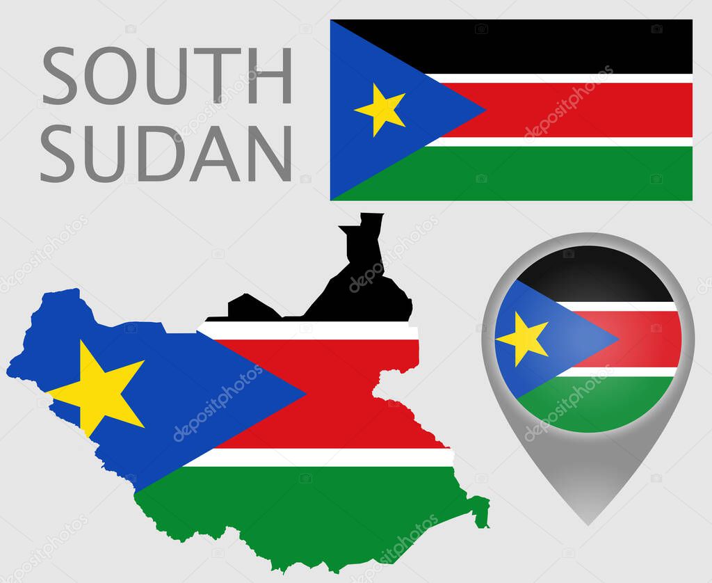 Colorful flag, map pointer and map of South Sudan in the colors of the South Sudan flag. High detail. Vector illustration