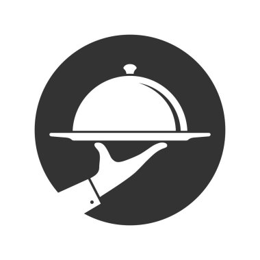 Yemek ikonu servis ediyorum. Servis tepsisiyle garsonun imzası. Garson servisi. Beyaz arka planda izole edilmiş sembol. Vektör illüstrasyonu