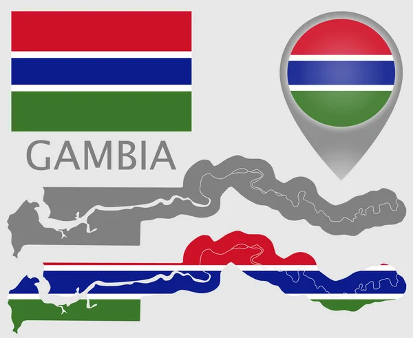 Bandera Colorida Puntero Mapa Mapa Gambia Los Colores Bandera Gambiana — Vector de stock
