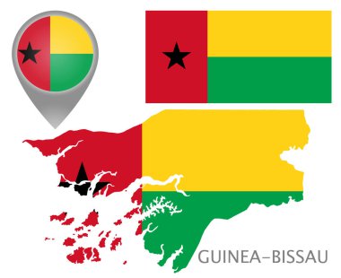 Renkli bayrak, Gine-Bissau haritası ve Gine-Bissau bayrağı renkleri. Yüksek detay. Vektör illüstrasyonu