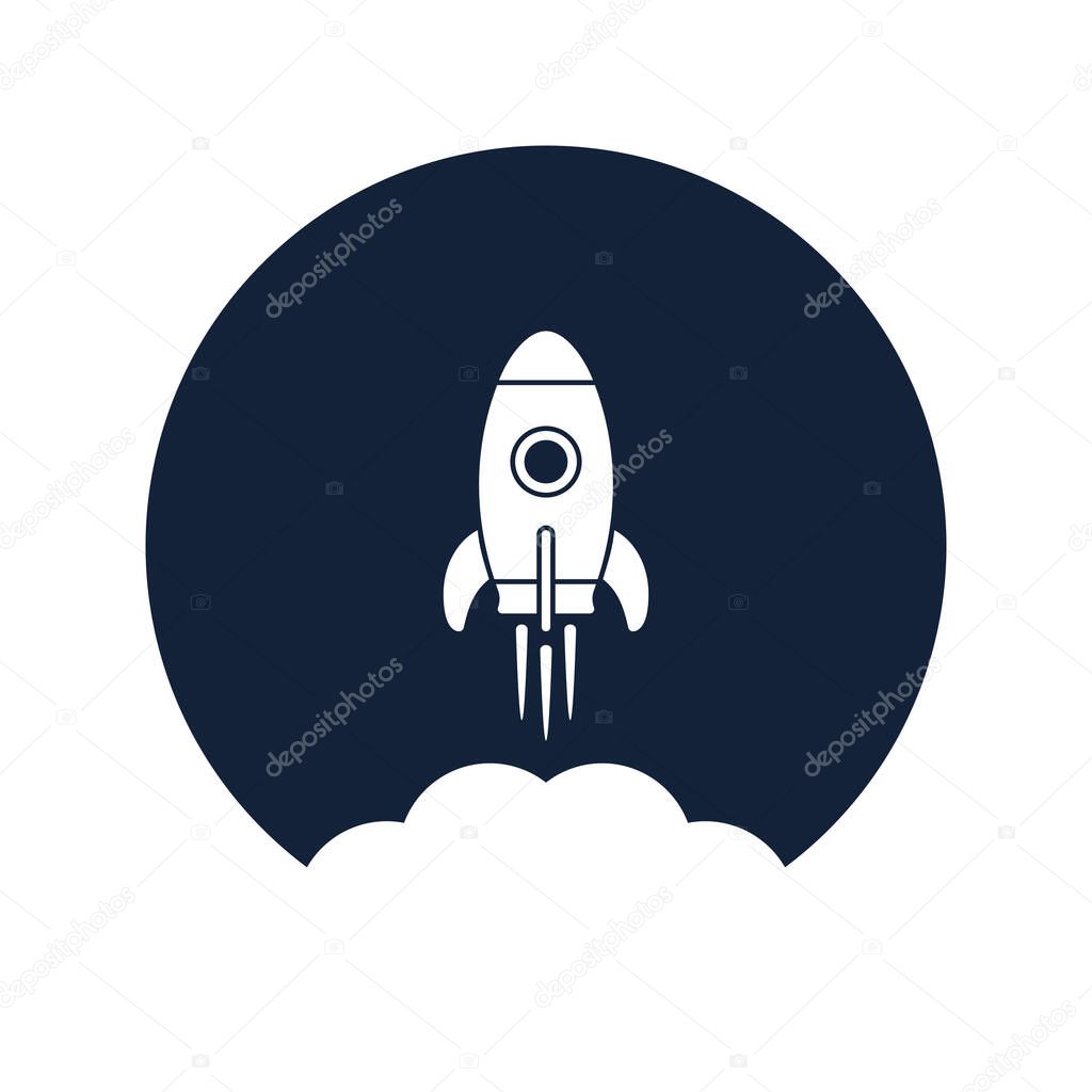 Rocket graphic icon. Spaceship startup sign. Spacecraft symbol in the circle isolated on white background. Vector illustration