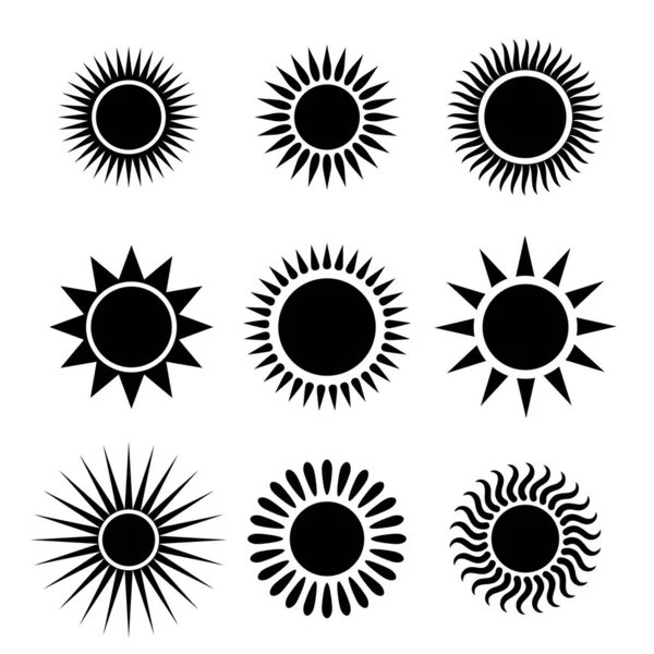 Zonnen Grafische Pictogrammen Ingesteld Zonnen Pictogrammen Geïsoleerd Witte Achtergrond Symbolen — Stockvector