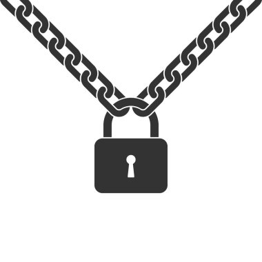 Metal zincir grafik ikonunda asma kilit. Beyaz arka planda izole edilmiş işaret. Korunma ya da kapanış sembolü. Vektör illüstrasyonu