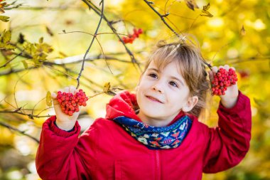 Rüya gibi genç kız elele üvez meyveleri ve dikkat et. Autu
