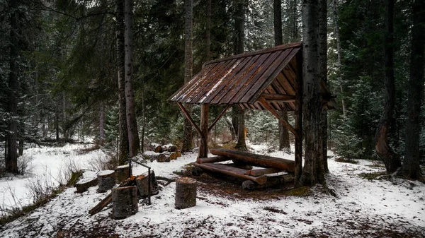 Gazebo in the woods in winter