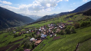 Svaneti, Georgia 'da yeşil çayır kuleleri olan bir köy.