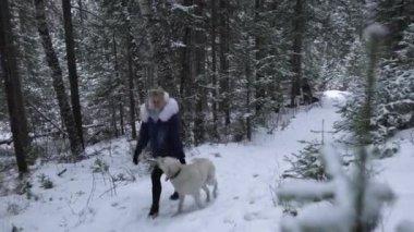 Labrador köpeği olan bir kız kış karında ormanda yürür.