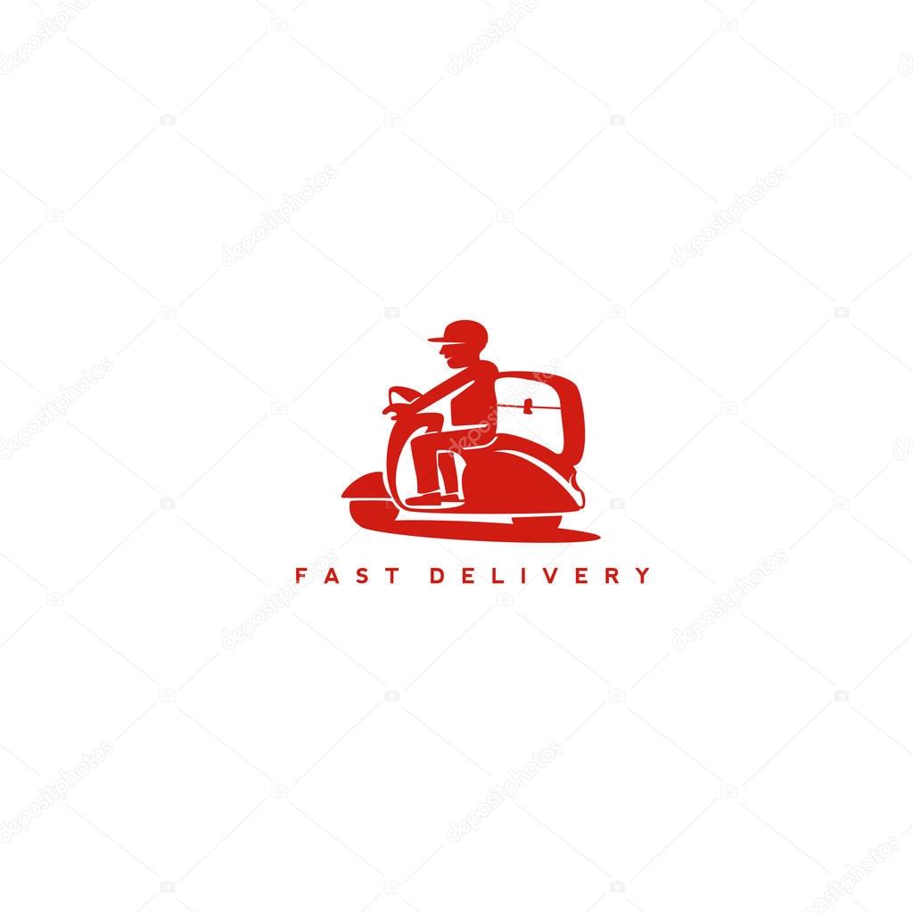 Minimal logo design man on the scooter on white background with color typography vector illustration.