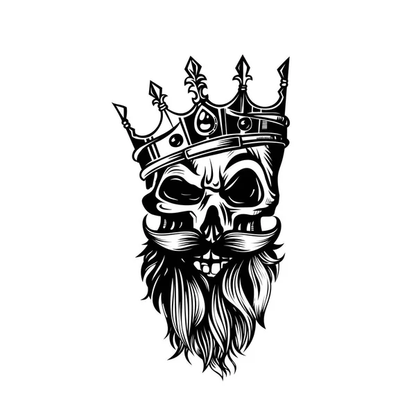 Crâne noir et blanc en couronne avec illustration vectorielle barbe . — Image vectorielle