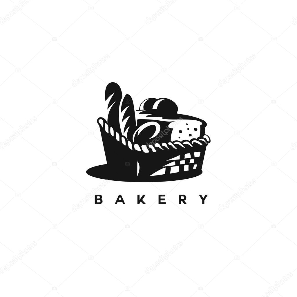Black and white bakery basket with bun,bread on white background with typography vector illustration design