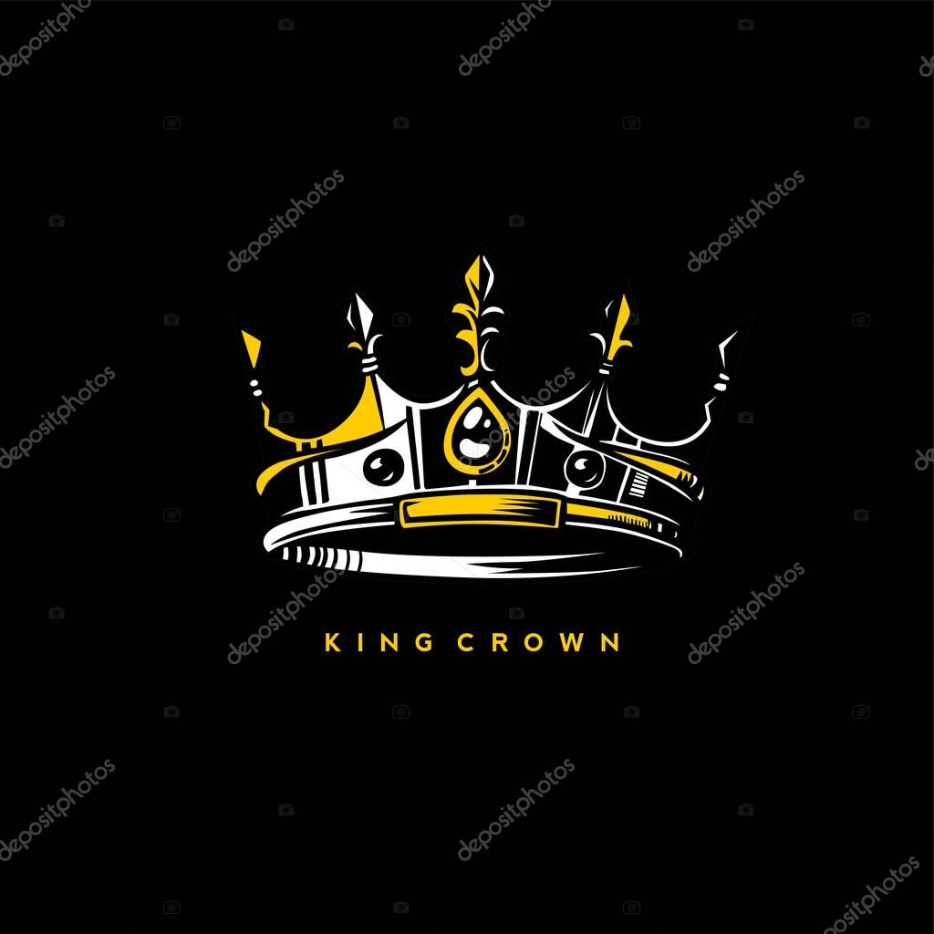 Minimal logo of king crown on black background with typography vector illustration design.