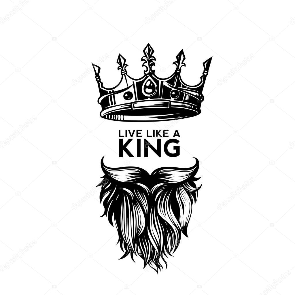 King crown, moustache and beard on white background logo with typography vector illustration design.