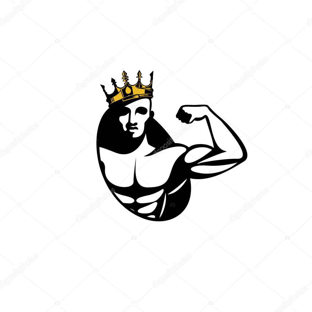 Half body muscle with crown logo on white background vector illustration design.