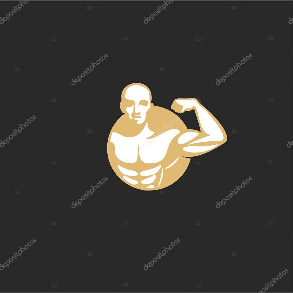 Golden muscle man logo on black background vector illustration design.